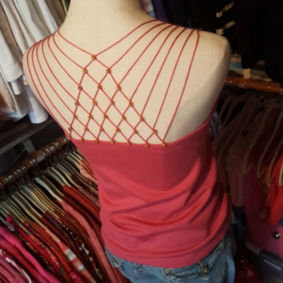 NEW YORK & CO ♡ RARE Vintage Pink Knit Embroidered 'n Beaded Back Design Tank S - Picture 10 of 17